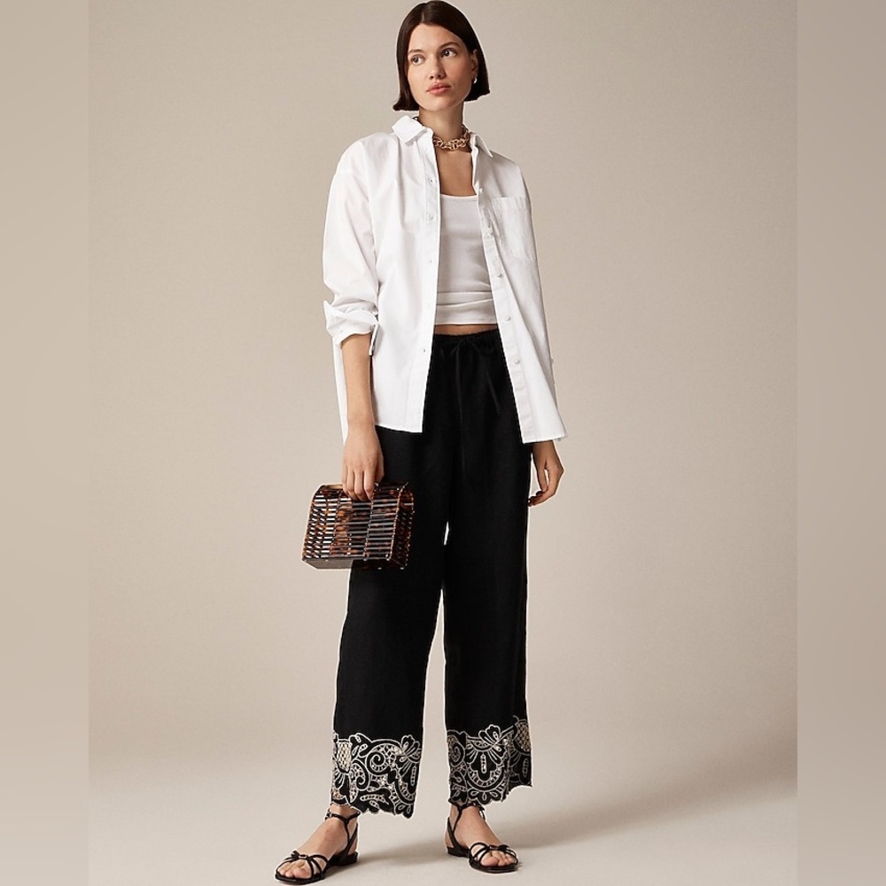 NWT J.Crew New Soleil pant in embroidered linen Tall Small TS Black Beige Resort